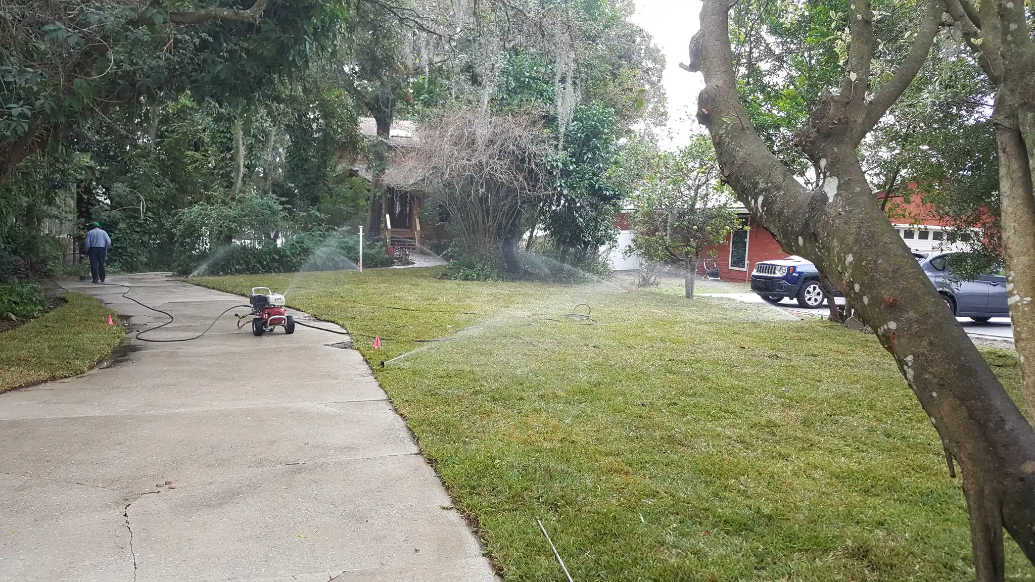 Lawn being watered with sprinkler system